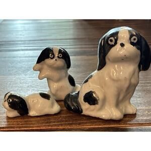 Vintage Crazy Eyed Set 3 Different Sized Black White Ceramic Dogs
